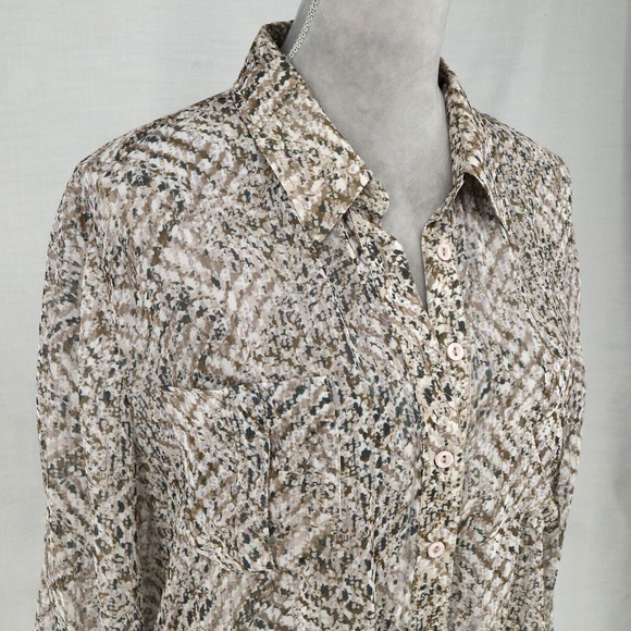 Chicos Top 2 Womens Large 12 Ivory Brown Chiffon Blouse Sheer Pleated Back - Picture 6 of 16